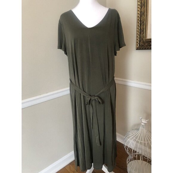 NWT Ava & Viv Size X Olive Green Maxi Midi Dress Short Sleeve Belted - Picture 1 of 8